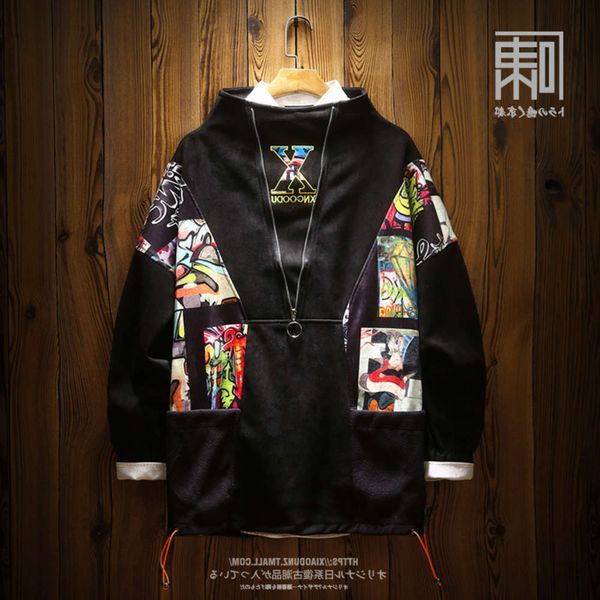 

fashion hip hop design stitched high collar bat sleeve hiphop half zipper men's jacket, Black