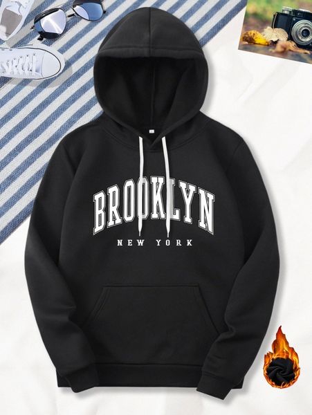 

men letter graphic kangaroo pocket drawstring thermal hoodie z73e#, Black