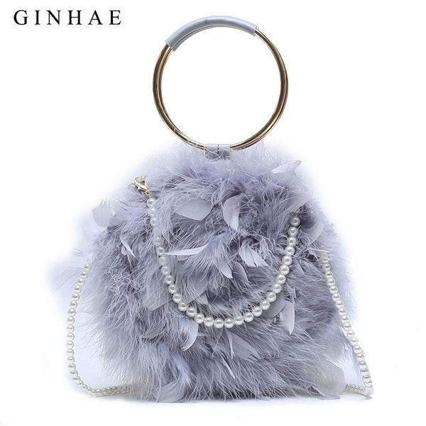 

ginhae ostrich feather women circular bag luxury handbag evening party clutch bags small pearl chain shoulder crossbody bags