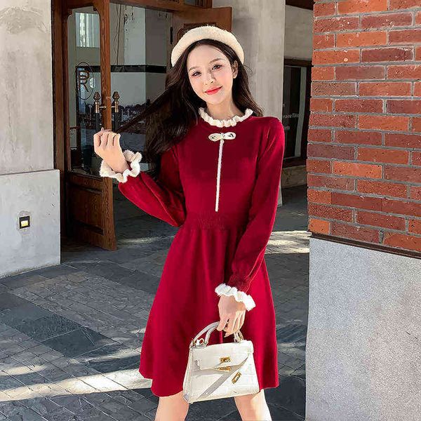 

woman casual dresses age reducing french knitted dr's 2022 autumn bow temperament thin bottomed wool dresses, Black;gray