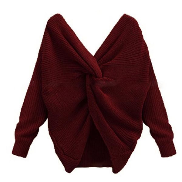 

women batwing long sleeve sweater v-neck criss cross twisted back knit e56a, White;black