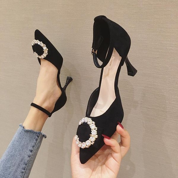 

2020 весна лето новых женщин замши лодыжка ремни высоких каблуков способ сексуальных стразы платье pumps венчание партии офис обувь, Black