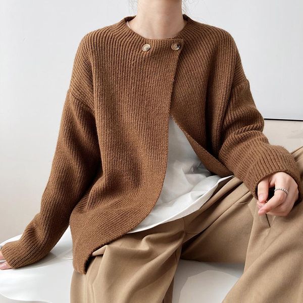 

women's knits & tees vintage round collar knitted cardigans women button design drop shoulder sleeve loose casual sweaters coat 2021 au, White