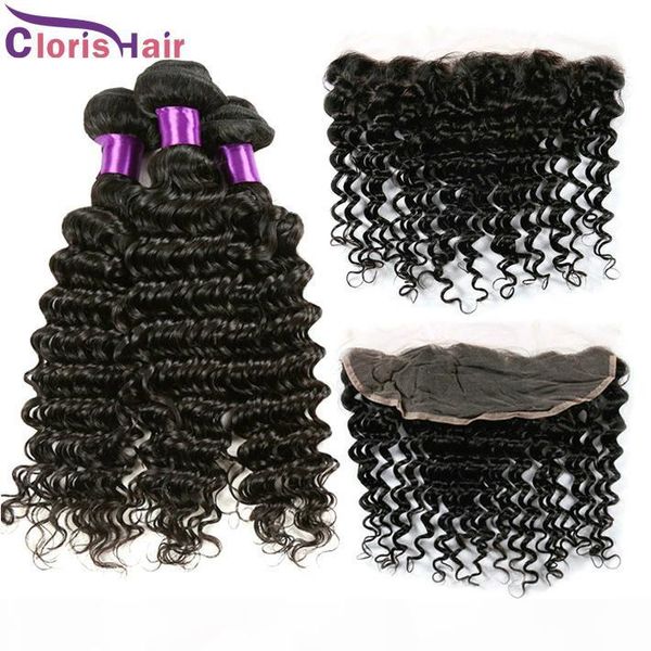 

13x4 lace frontal closure with bundles raw deep wave indian hair with closure deep curly lace front closure pieces, Black