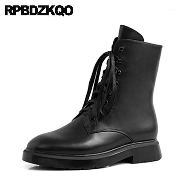 Scarpe in pelle genuina di alta qualità Real Block Combat 2020 Chunky Round Toe Women Caviglie Stivali Medium Loce Up Black1