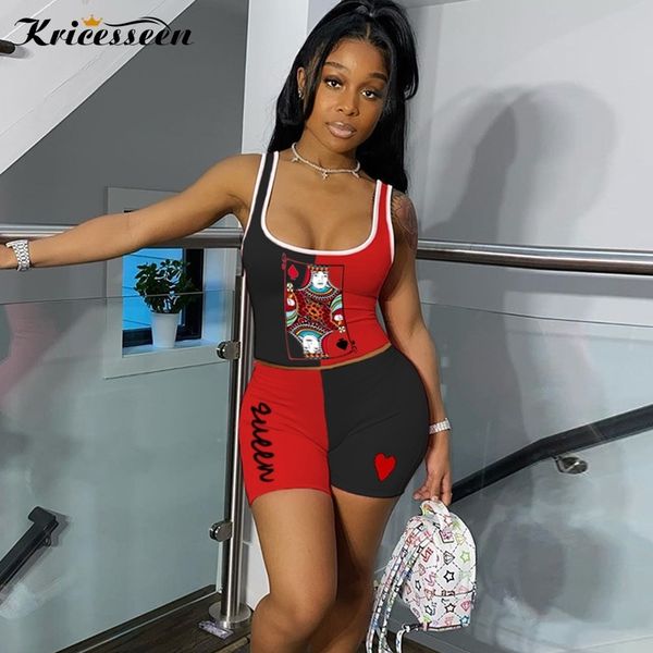 

kricesseen women sleeveless print patchwork matching set casual workout 2 piece outfits strap and biker shorts sets y200822, Gray