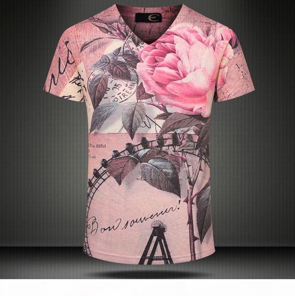 

w1209 2015 new summer vintage short sleeve v neck 3d t shirt men brand casual punk floral print cotton & tees mens clothing, White;black