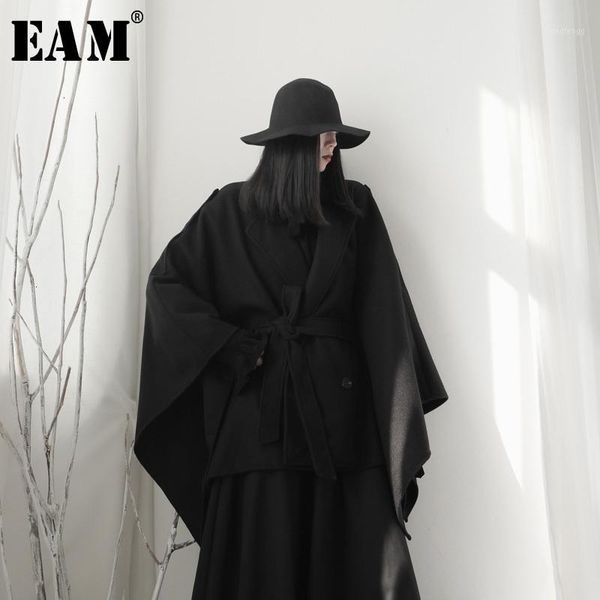 

eam] loose fit balck split oversized cloak woolen coat parkas new long sleeve women fashion tide spring autumn 2020 19a-a5591, Black