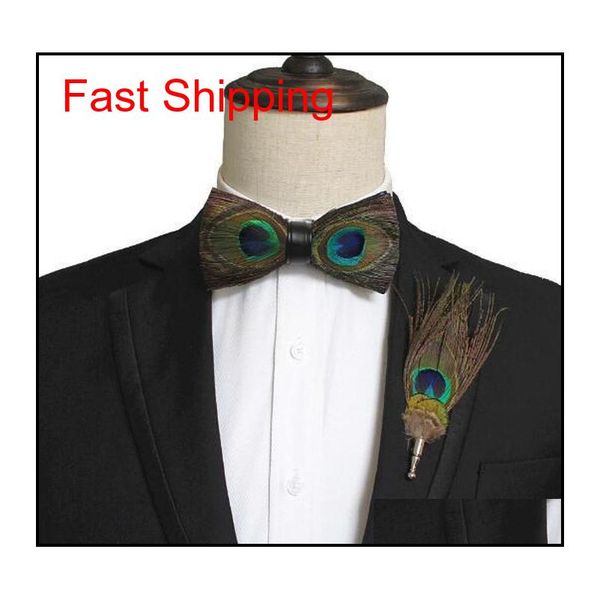 

handmade mens sapphire feather leather luxury bow tie brooch set pre-tied bow tie for wedding part qylpju dh_seller2010, Blue;white