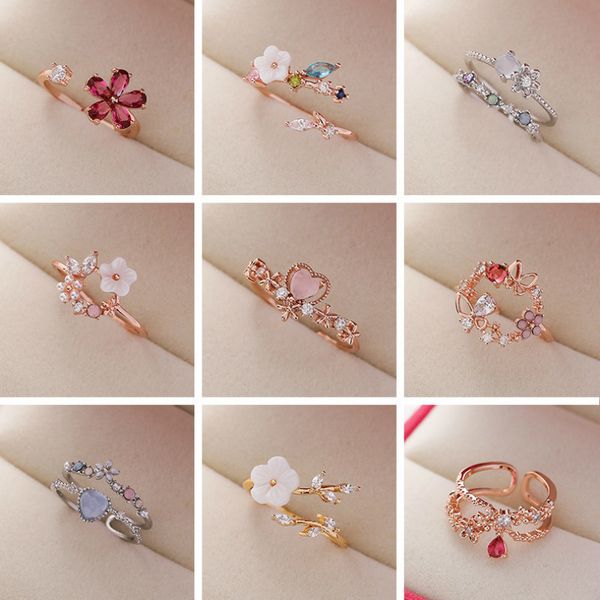 

korea's new exquisite crystal flower fashion temperament sweet versatile love opening ring female jewelry, Golden;silver