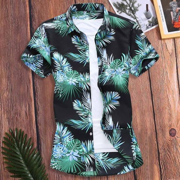 

fashion men slim summer beach shirt loose hawaii short sleeve printed turn-down collar shirt hawaiian 2020 #4.21, White;black