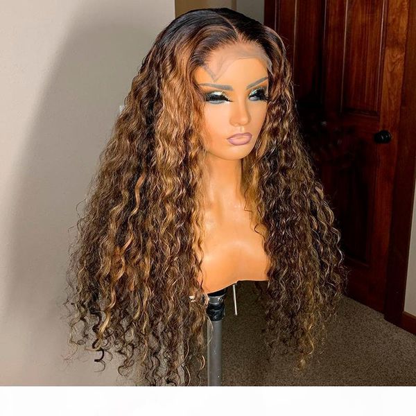 

ombre brown thick curly lace part human hair wigs with baby hair pre plucked remy brazilian lace wigs bleached knots for women, Black;brown