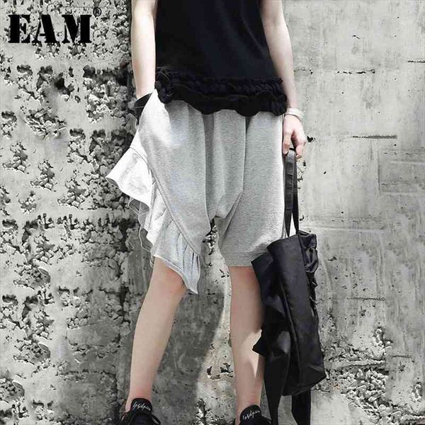 

[eam] spring high elastic waist black ruffles split joint loose wide leg pants women trousers fashion tide jg333, Black;white