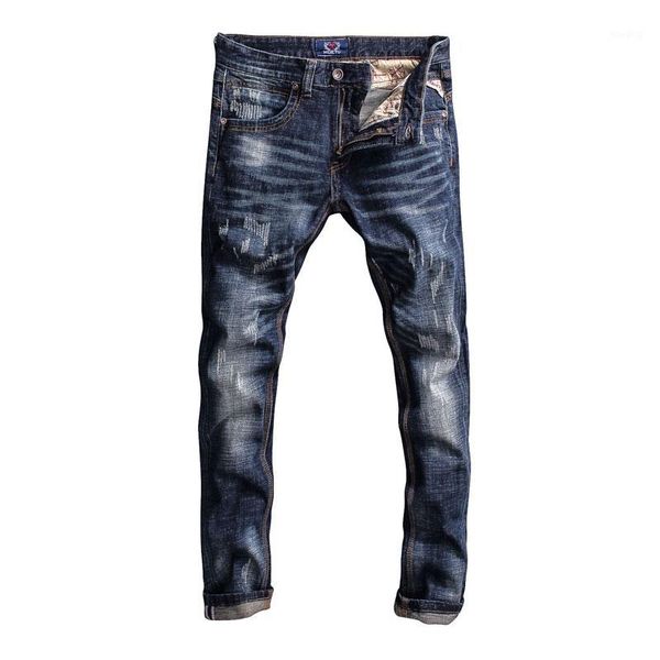 

italian style fashion men jeans elastic slim fit ripped jeans men hip hop pants streetwear vintage designer1, Blue