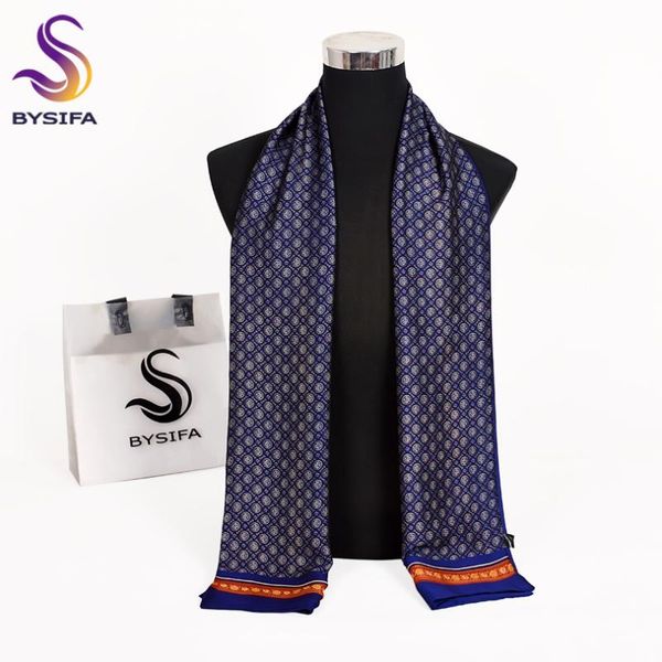 

scarves [bysifa] 2021 brand men autumn winter fashion male warm navy blue long silk scarf cravat 170*30cm, Blue;gray