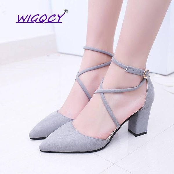 

pointed toe suede square heel high heels pumps women shoes 2021autumn summer shoes women hollow riband buckle strap ladies, Black