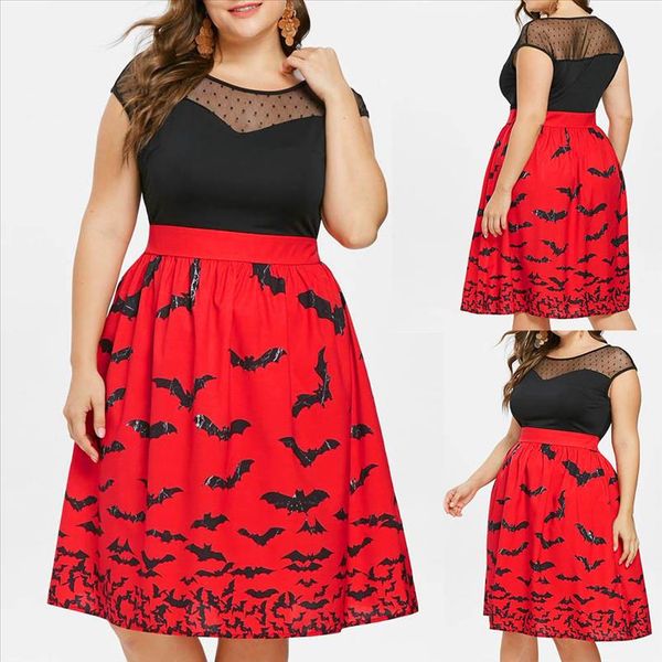 

sale vintage patchwork dress women plus size sleeveless party dresses ladies halloween knee length robe bat printed vestidos q30, Black;gray