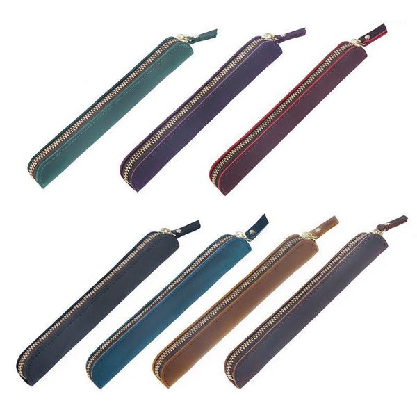 

handmade leather pencil bag vintage retro zipper fountain pen brush pouch case1