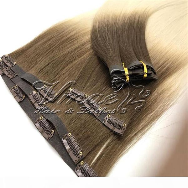 

brazilian pu wefts seamless clip in 120g blonde omber straight cuticle aligned remy virgin human natural color brown hair extensions, Black