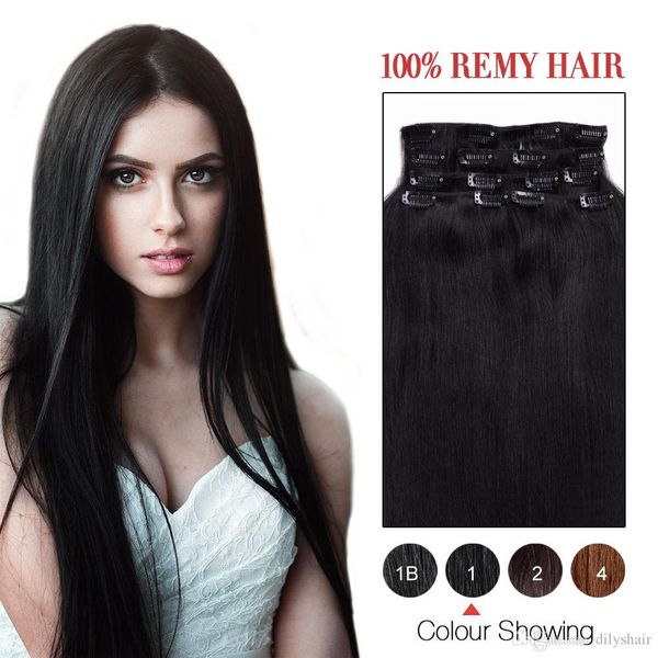 

clip in human hair extention straight 8a color #1 jet black 100% human hair extensions 14-26inch brazilian clip in hair preferential price, Black;brown