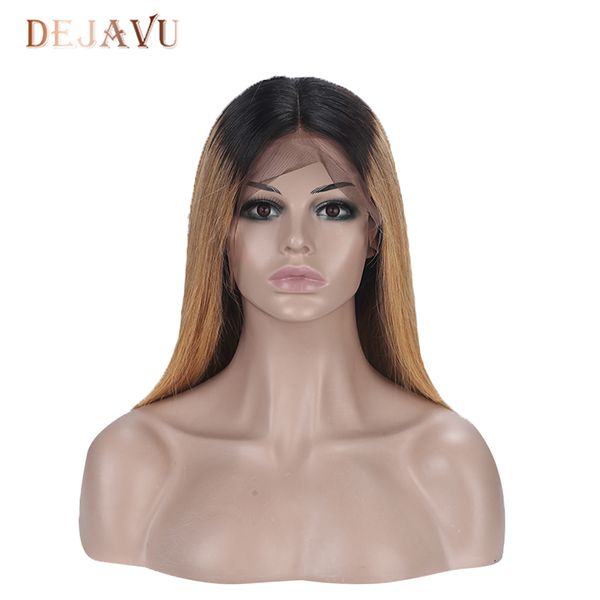 

dejavu 13x4 straight honey blond ombre color highlight 150% lace front human hair wigs for women remy brazilian 1b#27 wig, Black;brown