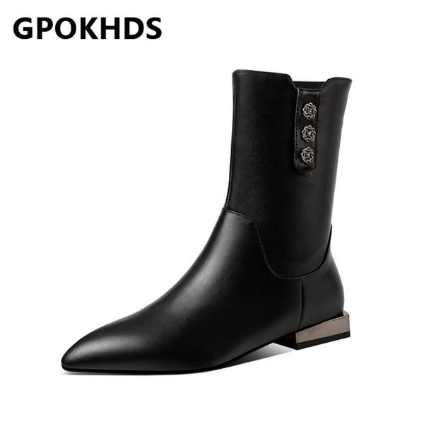 

gpokhds 2021 women ankle boots cow leather winter short plush pointed toe metal decoration low heels female riding boots size 40, Black