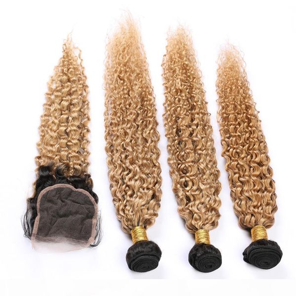 

ombre honey blonde hair bundles with closure kinky curly peruvin virgin hair ombre weaves #1b 27 human hair wefts with lace closure 4x4, Black;brown