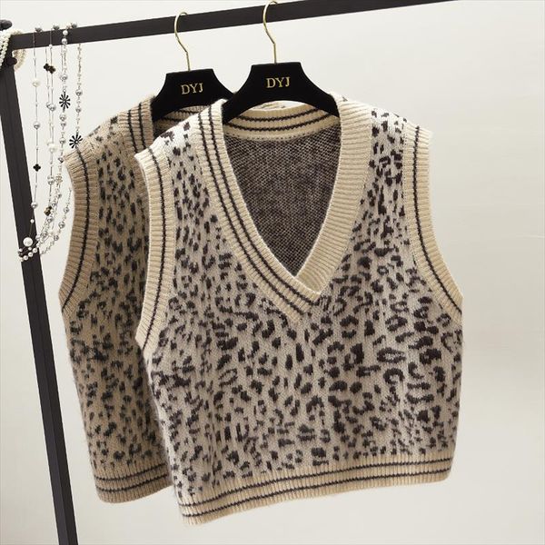 

урожай печати леопарда женщин жилет o шеи рукавов сосание короткие вязание жилет для женщин весна 2019 мода tide, White;black