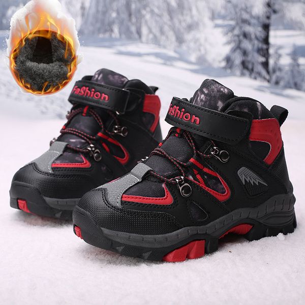 

snow winter boots for boys kids teenagers children hiking shoes walking climbing sneakers girl warm plus fur outdoor sport, Black