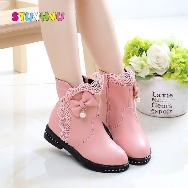 

fashion leather princess lace bow children 2020 autumn and winter new warm kids snow boots girls shoes, Black;grey