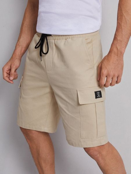 

men drawstring waist letter patched flap pocket shorts n2vr#, Black