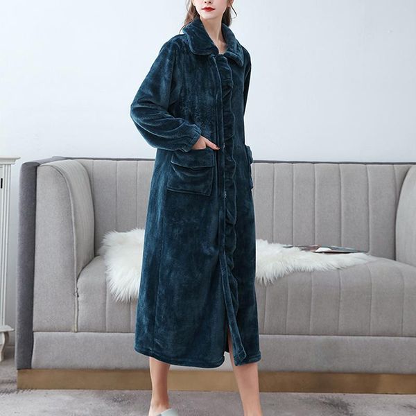 

women's sleepwear robes women flannel mid-calf autumn winter full sleeves solid color korean style warm comfortable absorption thicken, Black;red