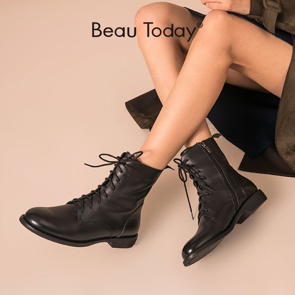 

beautoday ankle boots women genuine leather lace-up side zipper autumn winter lady shoes handmade 02012 y1221, Black