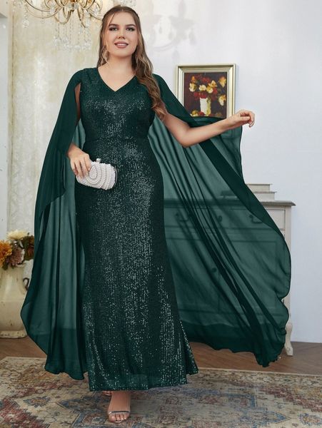 

plus contrast sequins cape prom dress 74gb#, Black