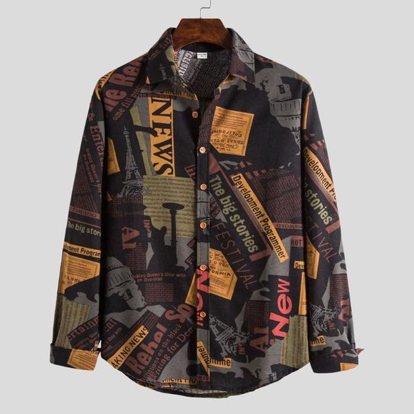 

men's casual shirts mens fashion linen ethnic long sleeve printing hawaiian turn down collar button holidays blouse shirt homme chemise, White;black