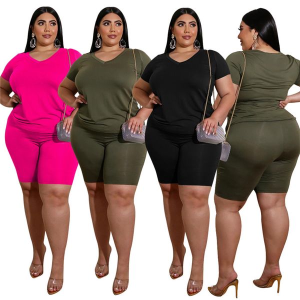 

plus size two piece tracksuits womens summer solid color v neck short sleeve t shirts and slim shorts for women
