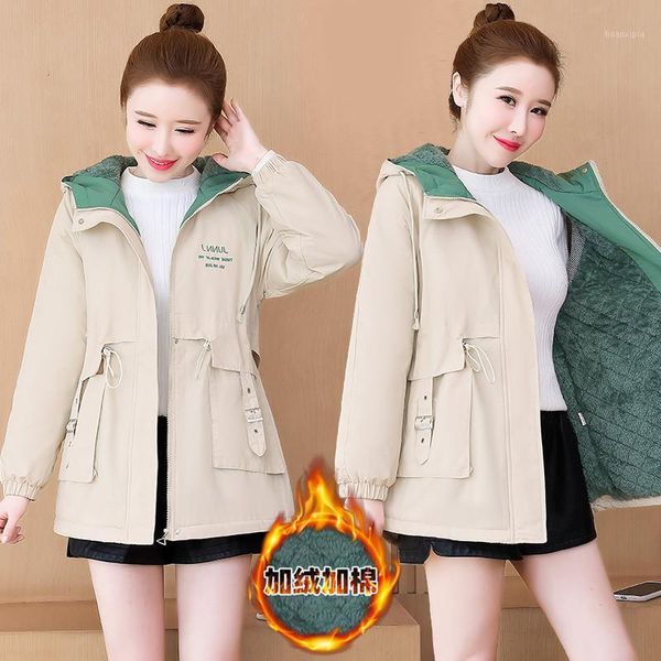 

plush thick cotton windbreaker ladies winter korean hooded letter zipper long sleeve warm trench coat women padded clothing q3721, Tan;black