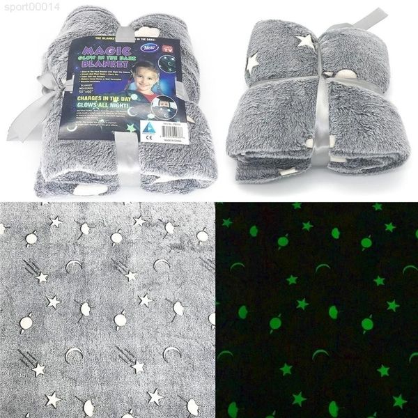 

magic glow in the dark fleece grey stars / moon new plush furry throw warm blanket