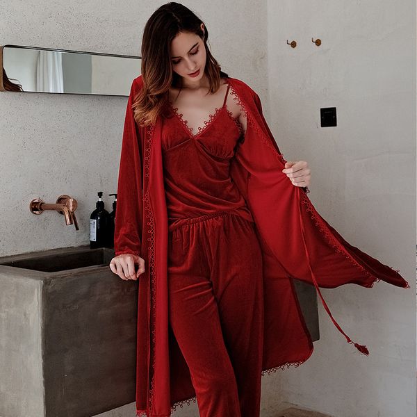 

you three women's pajamas, velvet pajamas, sexy, long sleeves, bordeaux, Black;red