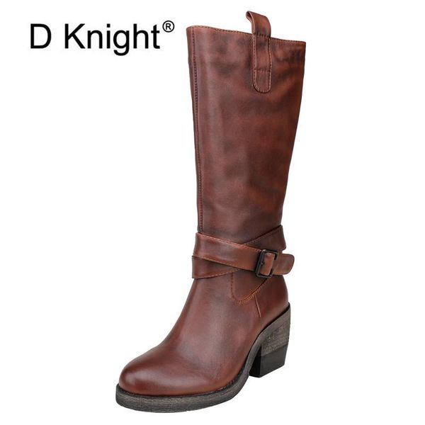 

boots original 2021 winter cow leather square high heels mid-calf women shoes fashion personality cool knight western, Black