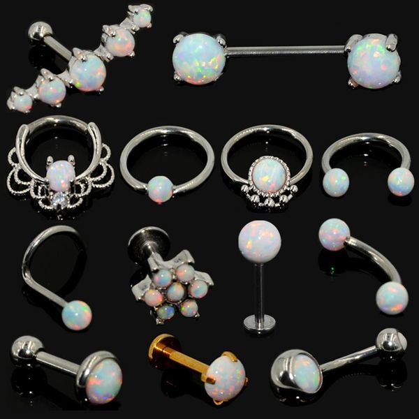 

1pcs surgical steel opal stone septum nose ring opal ball closure nipple tragus eyebrow lip belly piercing earring body jewelry q jllsgd, Silver
