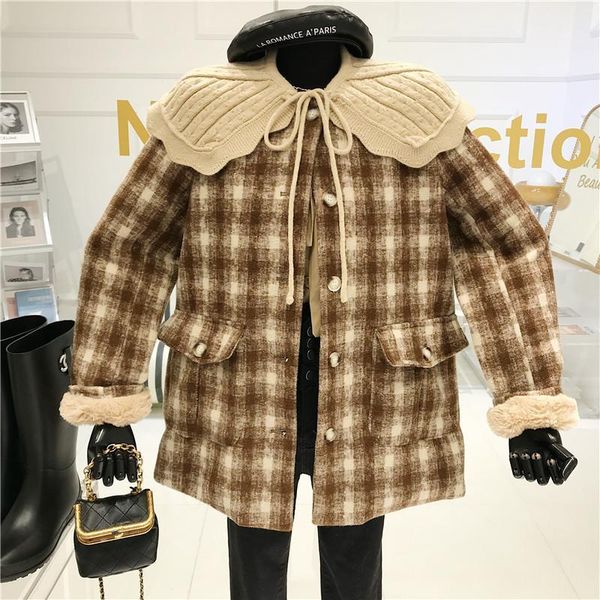 

niche design color contrast plaid woolen coat women's 2021 temperament versatile vintage single breasted detachable collar1, Black