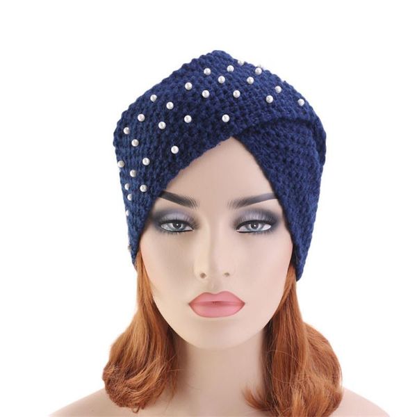 

2020 solid color turban cap 6 colors knitting pearl cross hat for women 70, Blue;gray