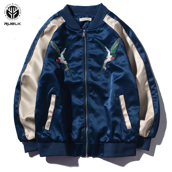 

ruelk autumn crane embroidered jacket male tide couple baseball uniform yokosuka harajuku harajuku style jacket men s- lj201013, Black;brown