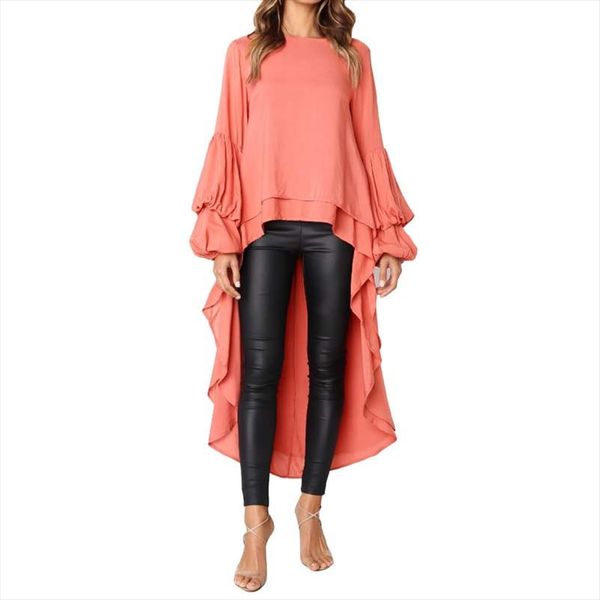 

women lantern sleeve high low high neck blouse loose long sleeve blouse asymmetrical hem tunic casual shirt lady clothing, White