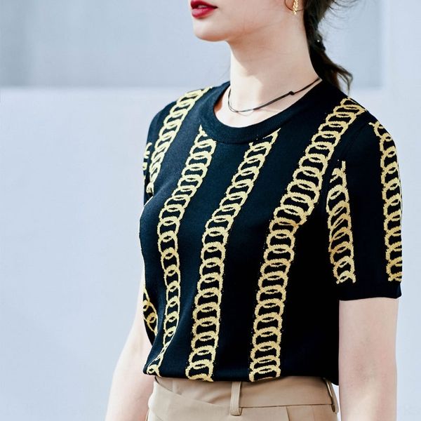 

iz4pd chain pattern slim summer dc0y2 short sleeve t-shirt women 2020 thin trend knitwear knitwearnew, White