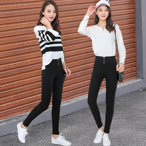 

women's black pants pencil trousers 2021 spring fall button pocke pants women slim ladies jean trousers female high waist, Black;white