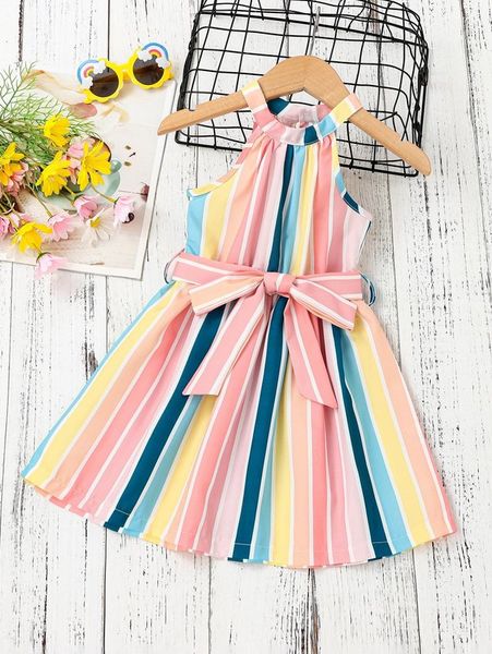 

toddler girls block striped belted halter dress she, Red;yellow