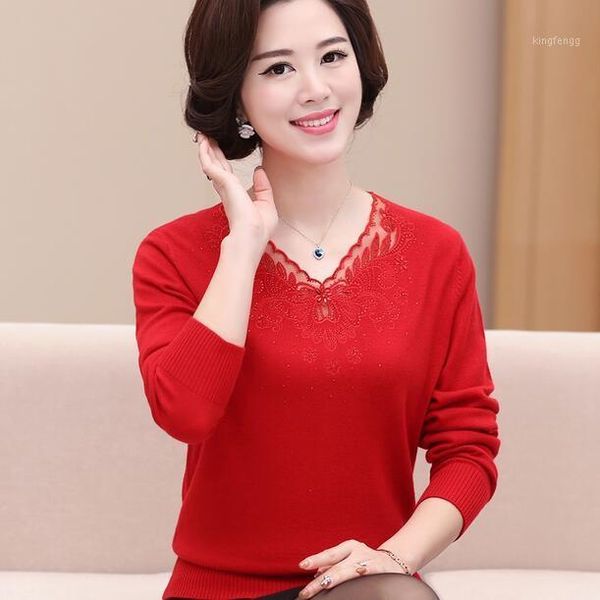 

2020 winter women sweaters v-collar long sleeve pullovers gothic color middle-aged good quality hand-beaded sweater df4351, White;black