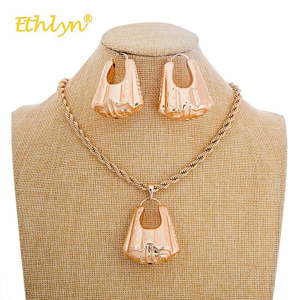 

ethlyn 2021 luxury rose gold color necklace earrings nigerian jewelry sets for women big lock pendant bridal wedding jewelry, Silver